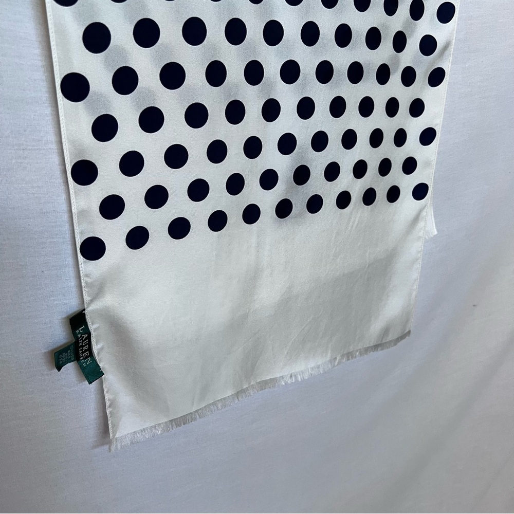 Lauren Ralph Lauren 100% Silk White and Navy Blue Polka Dot Scarf - Picture 4 of 11